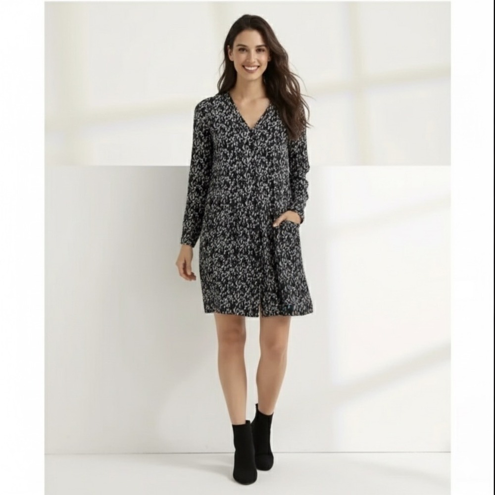 Garnet Hill Drop Waist‎ Button Up Dress Women 14 Black White Floral Knee Boho